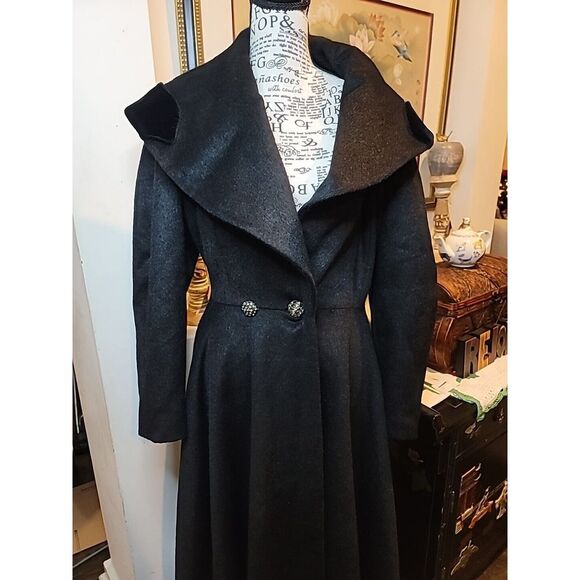 Vtg Lilli Ann Princess Coat 50s Shawl Collar Fit Flare Black Velvet Wool Sz 14 L - Picture 3 of 11
